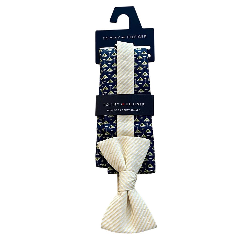 Tommy Hilfiger Tie Men's Bow Tie & Pocket Square Combo Blue & Yellow Martini NEW